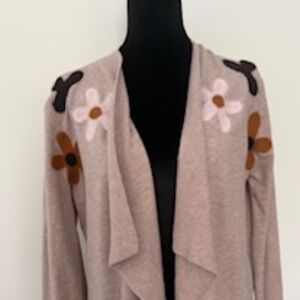 Open front cardigan sweater with felt flowers